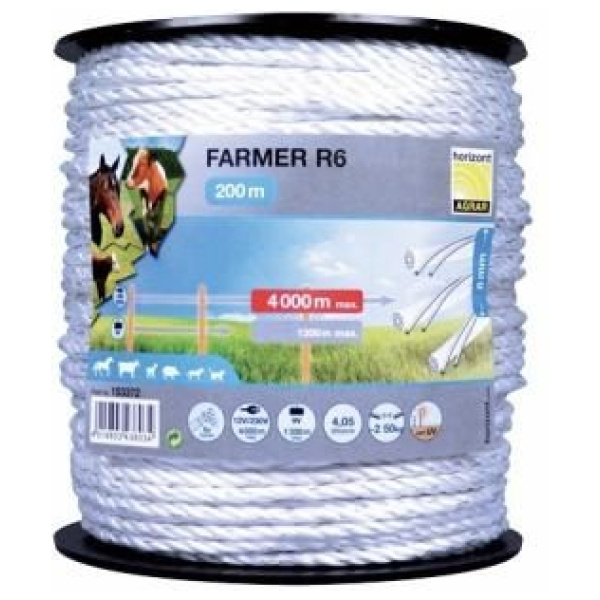 Rafgirðingareipi, 6mm, hv/gr, 200m